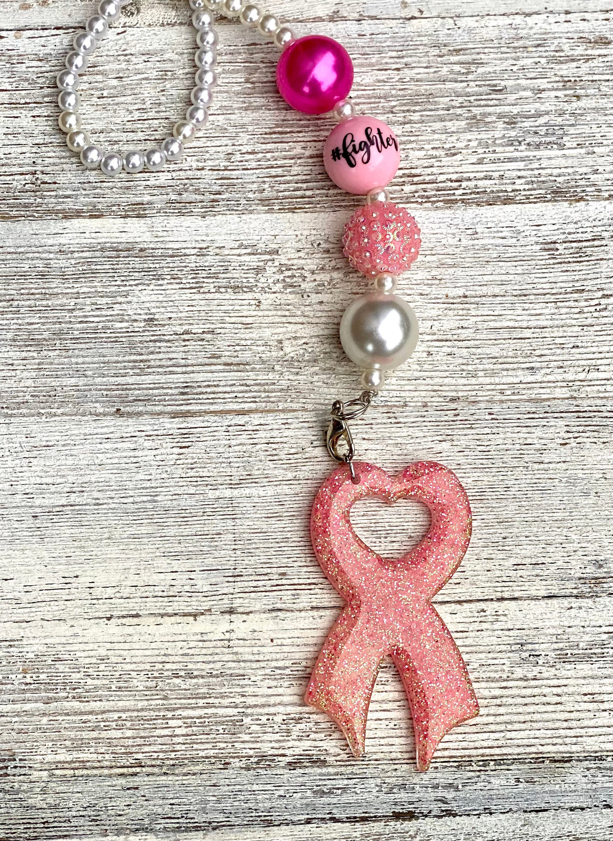 3" Glitter Pink Awareness Ribbon Beaded Rearview Mirror Hanger