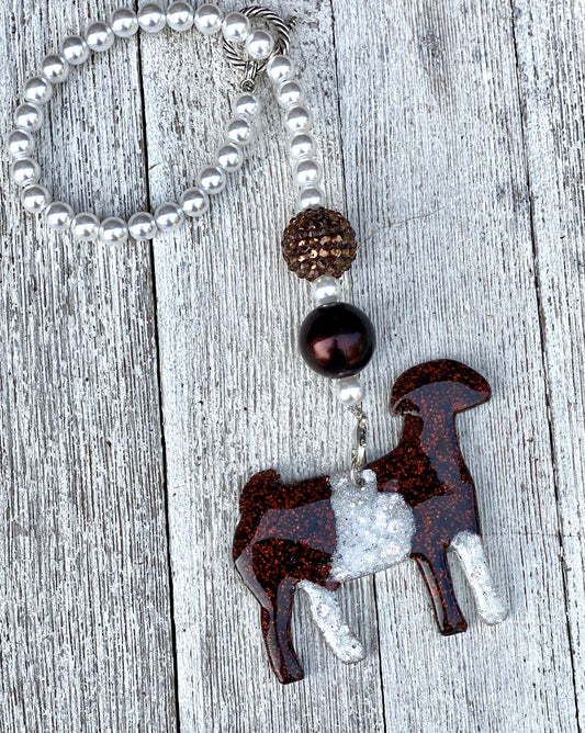 3” Red and White Paint Boer Doe Beaded Rearview Mirror Hanger