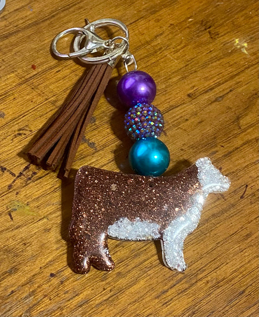 3” Glitter Hereford Heifer Key Chain