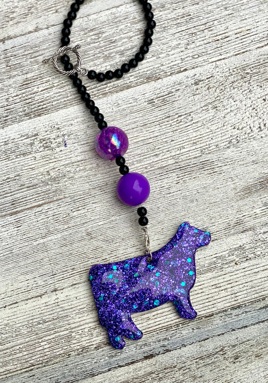 3" Glitter Show Heifer Beaded Rearview Mirror Hanger